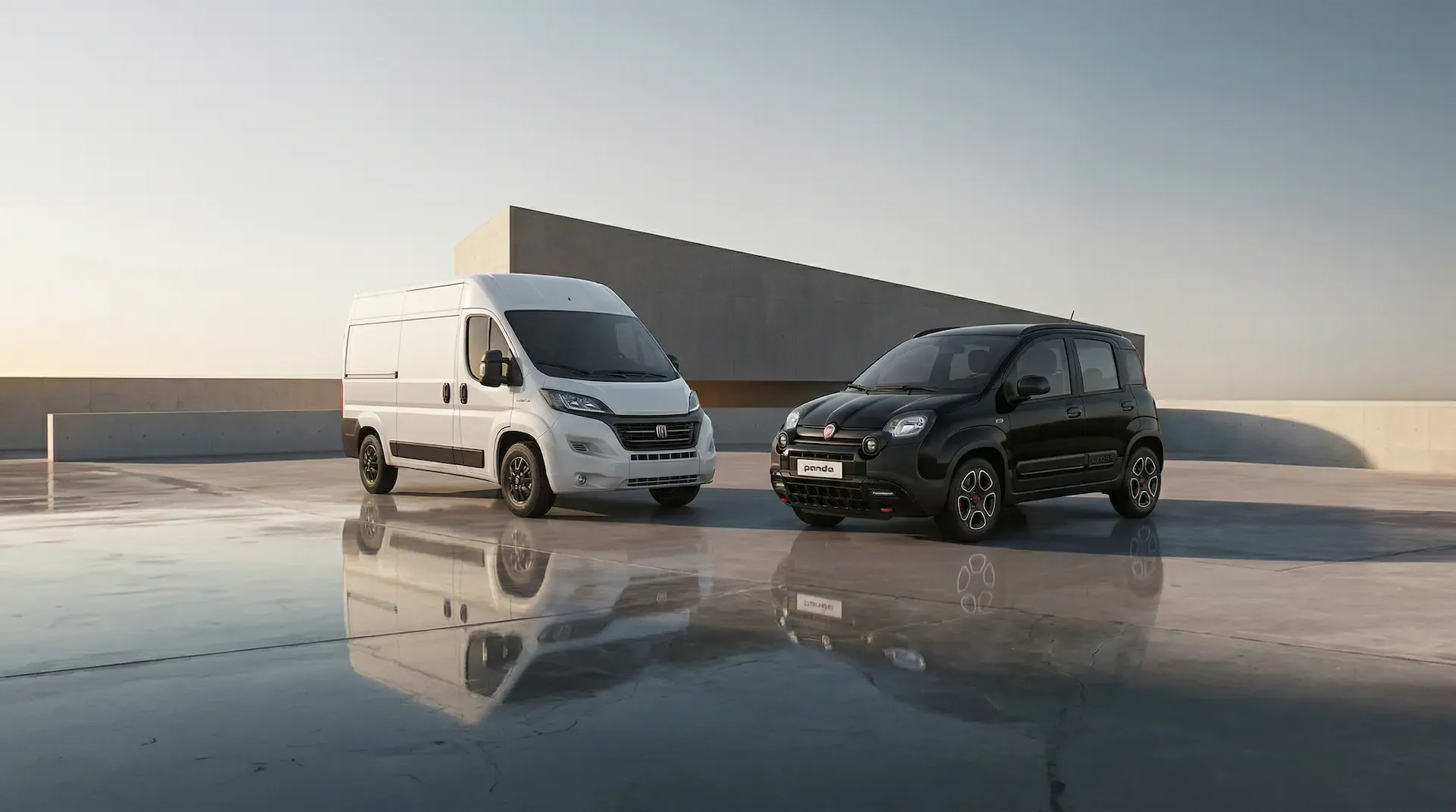 Flotta noleggio Roma Trailer a Colleferro: Fiat Panda rossa per la città e Fiat Ducato furgone bianco per trasporti e traslochi.